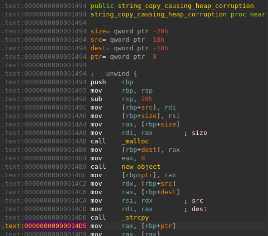 Screenshot from IDA Pro showing the address in which the corruption occurs, in the function string_copy_causing_heap_corruption()