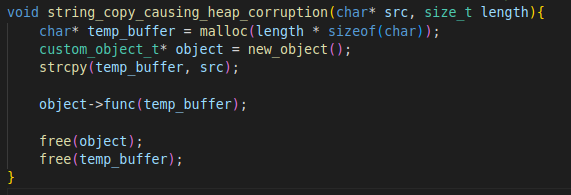 The function string_copy_causing_heap_corruption in the source code. Notice the call to strcpy, which causes the corruption